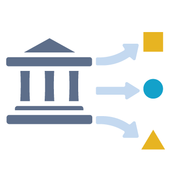 A building representing and institution, next to three arrows pointing to different shapes