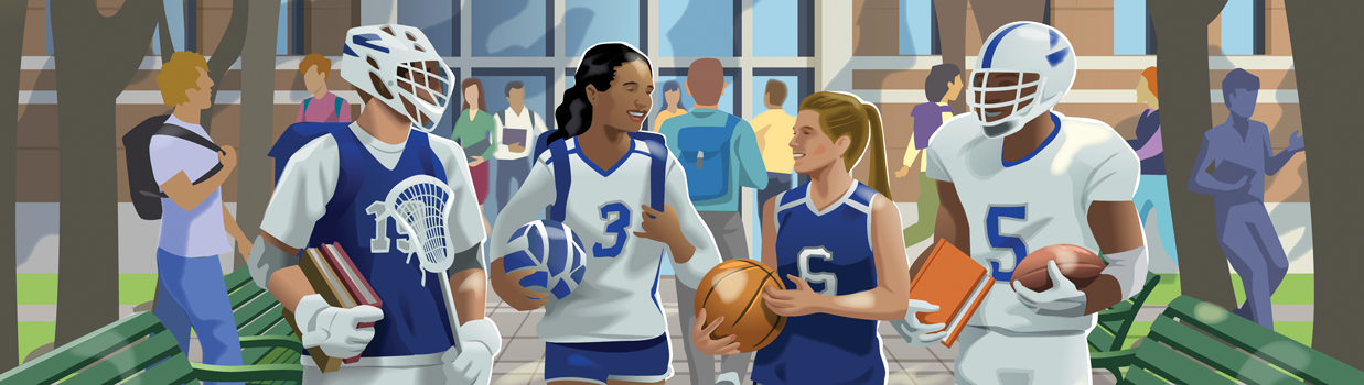 An illustration of four student-athletes walking together on a tree-lined college campus pathway. They are dressed in different sports uniforms, including lacrosse, volleyball, basketball, and football, and are carrying sports equipment and books. Other students are seen in the background near a modern brick building with large windows, engaging in campus life.
