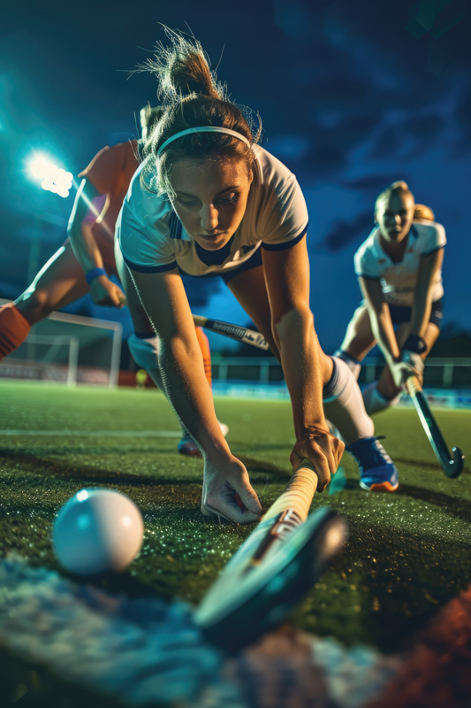 A female field hockey player in an intense action moment, leaning forward with her stick to control the ball. Two teammates in the background are also engaged in play. The image is captured under stadium lights, emphasizing the energy and competition of the game.