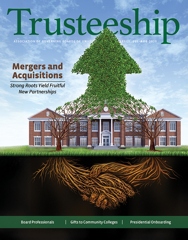 An illustration of a campus building that has roots underneath it and at the top of the page, the roots extend and are joined in a handshake to show the spirit of collaboration to convey that fruitful partnerships are possible between institutions.